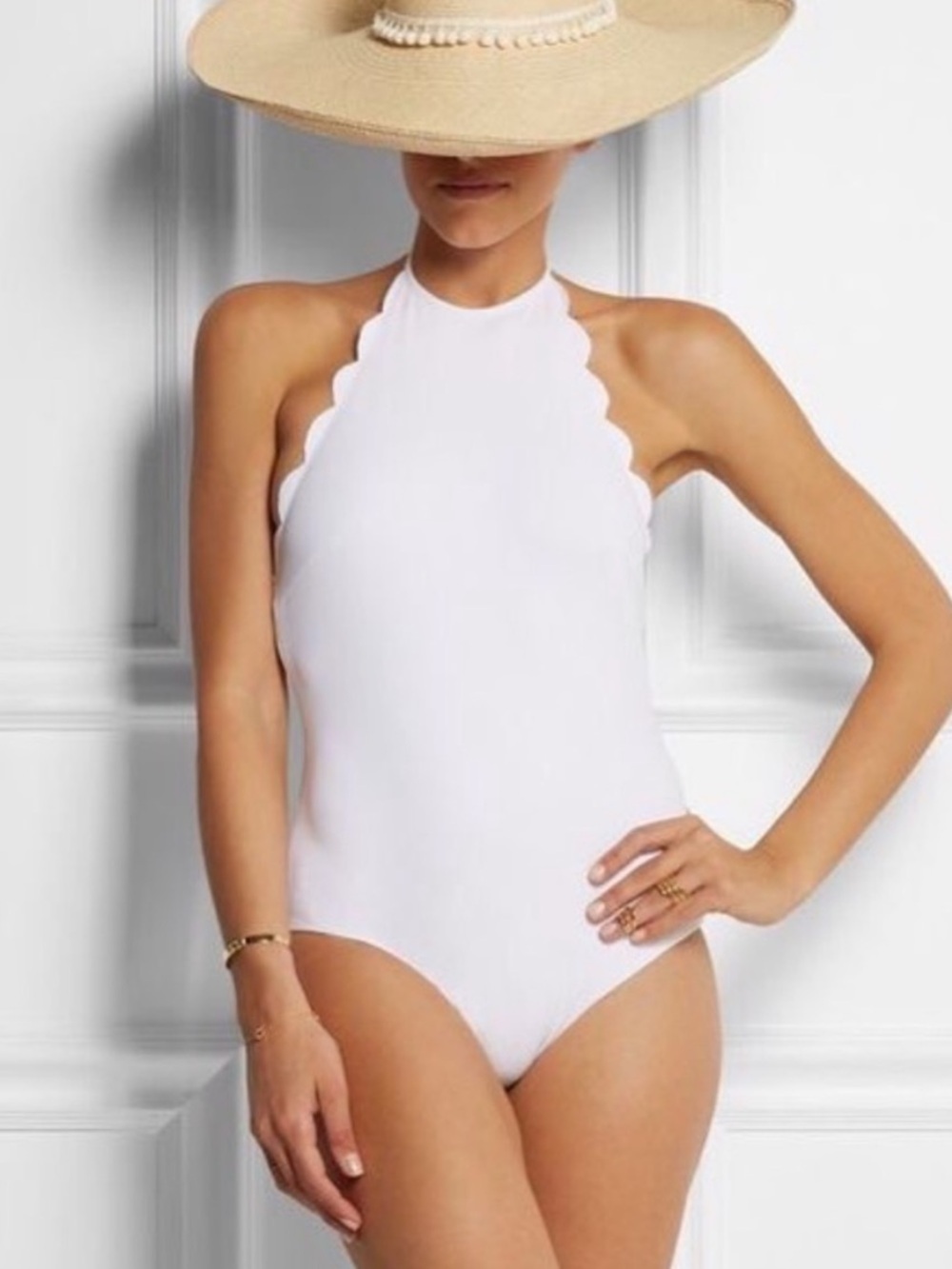 Marysia Mott White Scallop Halter One Piece Swimsuit Size Medium 39484